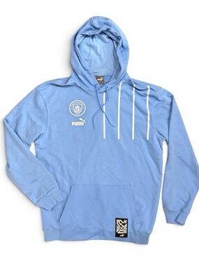 Puma Manchester City Hoodie Sky Blue Logo Stripe Pullover Size Medium